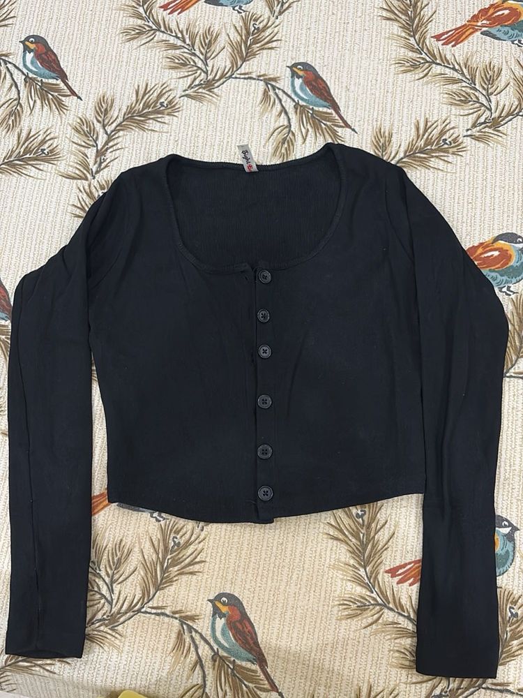 Black Button-Up Long Sleeve Tee