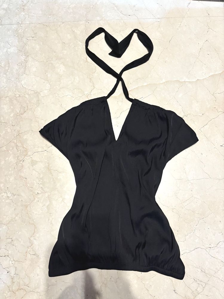 Chic Black Satin Halter Top