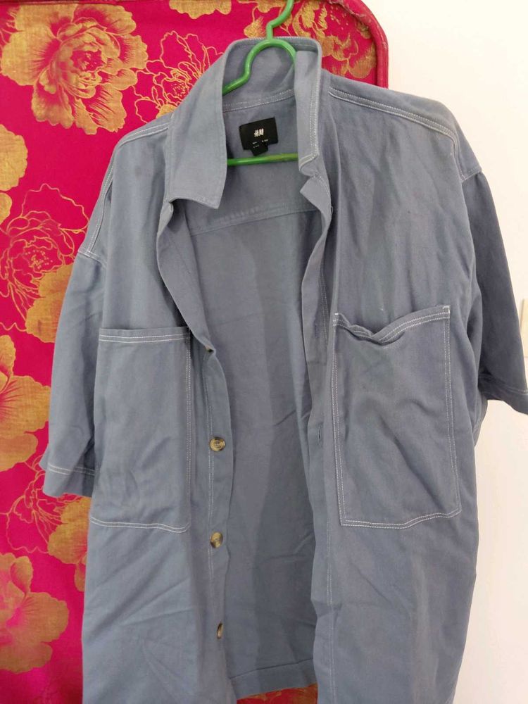 H&amp;M Grey Oversized Short Sleeve Shirt