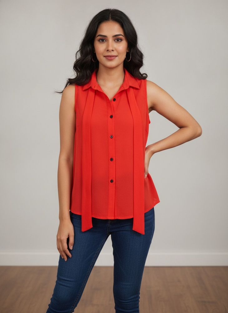 Vibrant Red Sleeveless Button-Up Top
