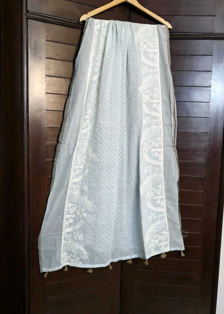 Light Blue Lucknawi Chikankari Dupatta with Tassel