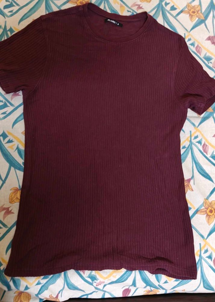 Maroon Ribbed Crew Neck T-Shirt