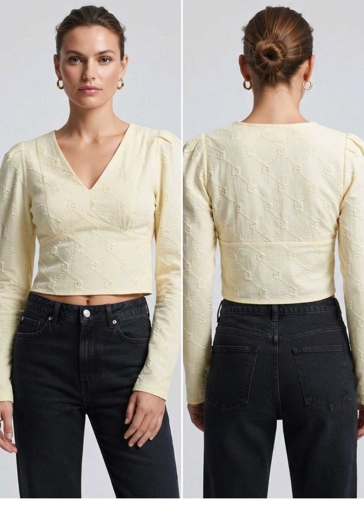Pale Yellow Textured Puff Sleeve Crop Top