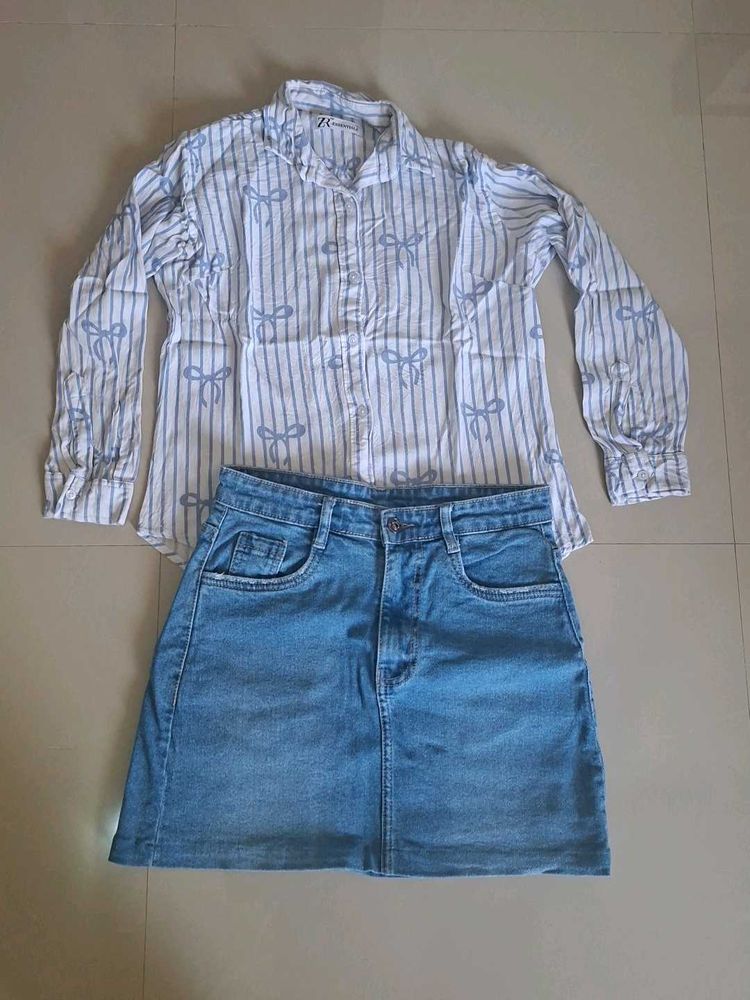 Denim Skirt and Bow Print Shirt Set