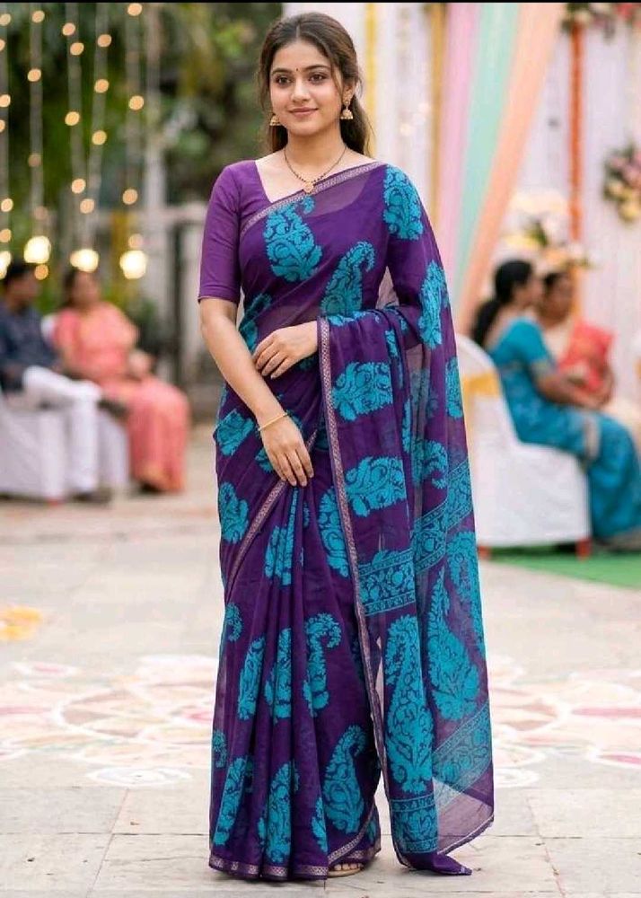 Purple Paisley Print Saree with Blouse