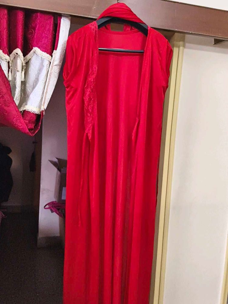 Red Velvet Nightgown with Lace Trim