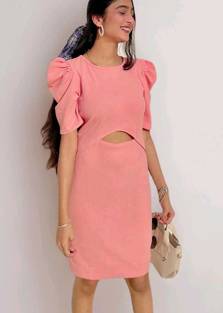 Pink Puff Sleeve Cutout Dress