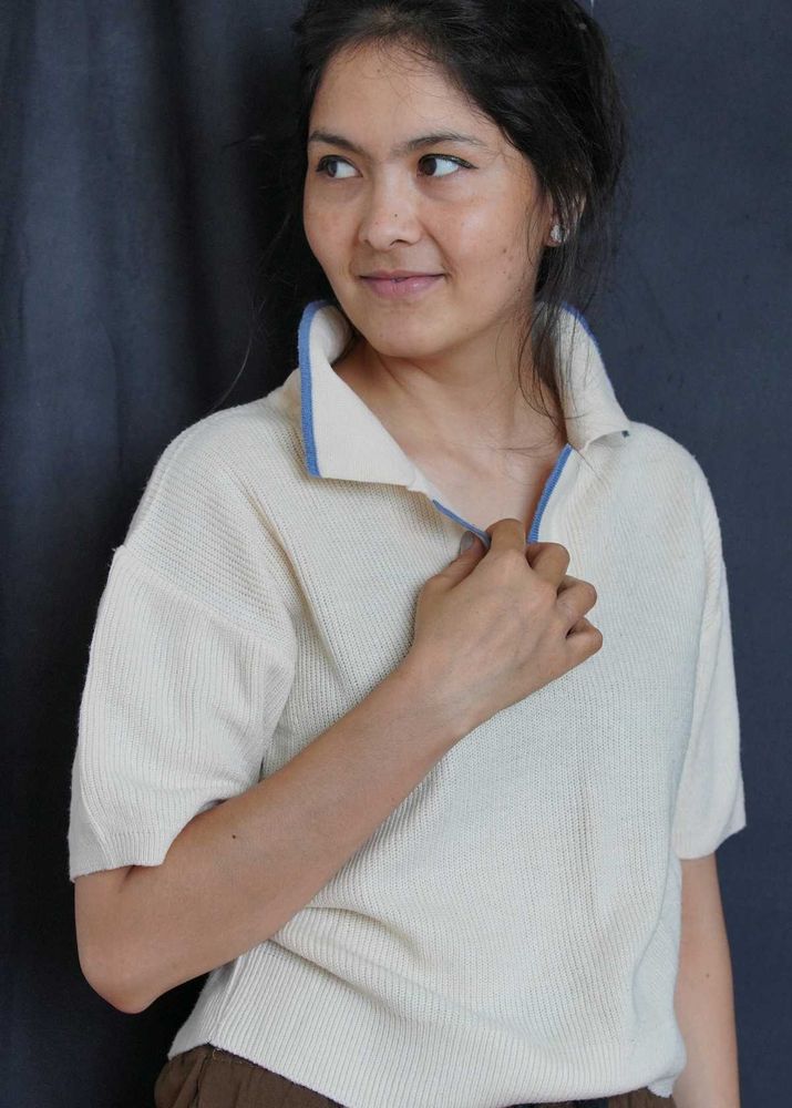 Cream Ribbed Polo Neck Top
