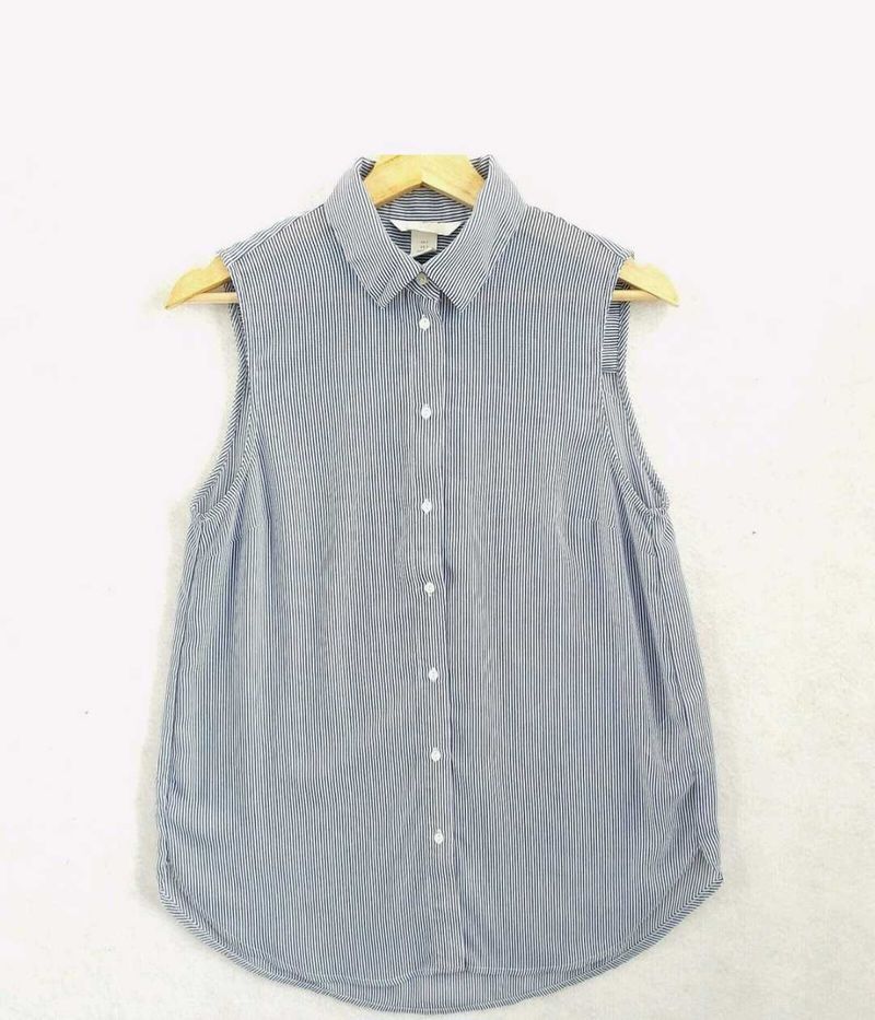 Blue and White Striped Sleeveless Shirt