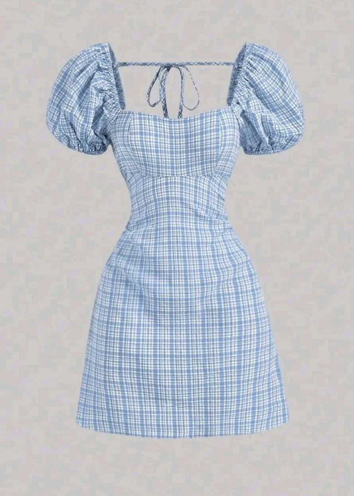 Blue Plaid Puff Sleeve Dress 🫐