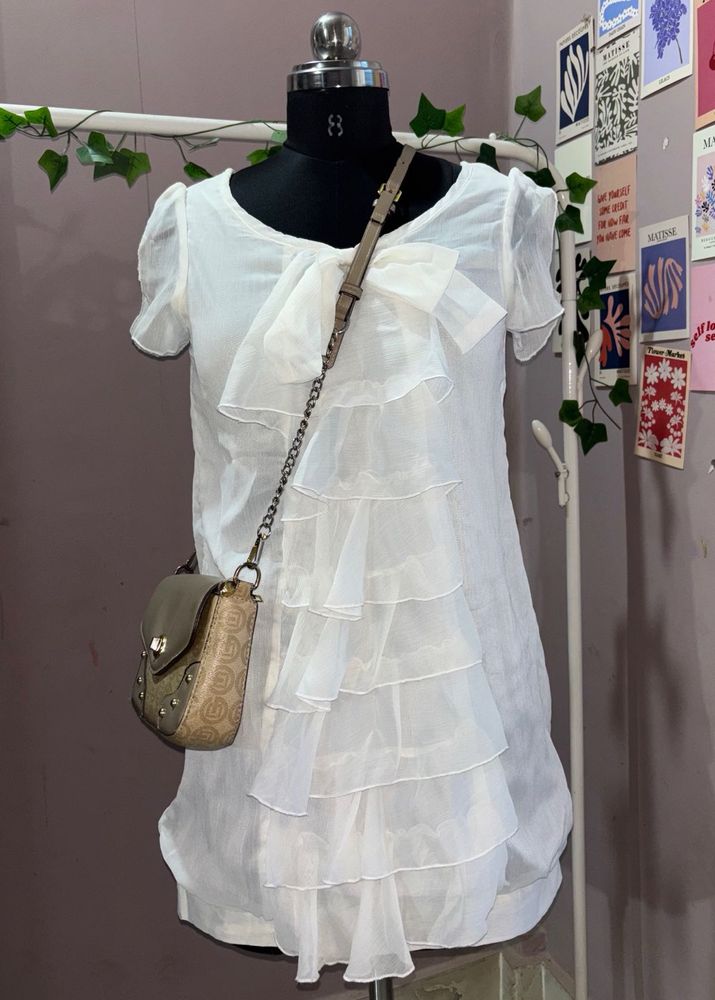 Elegant Ruffled Chiffon Mini Dress 🦢🤍