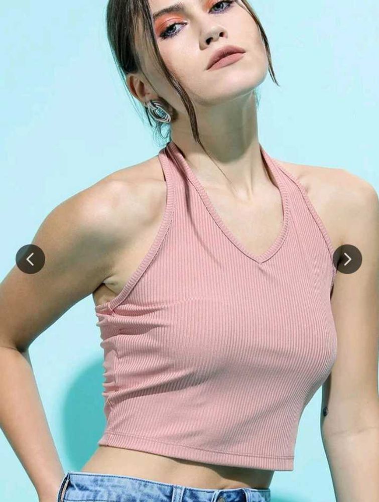 Women's Pink Ribbed Halter Neck Crop Top