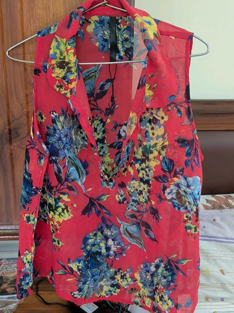 Red Floral Sleeveless Blouse