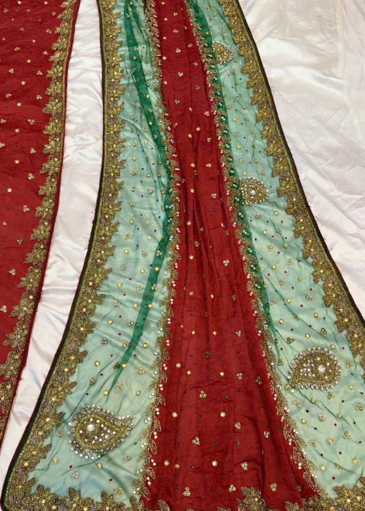 Embellished Red and Green Saree