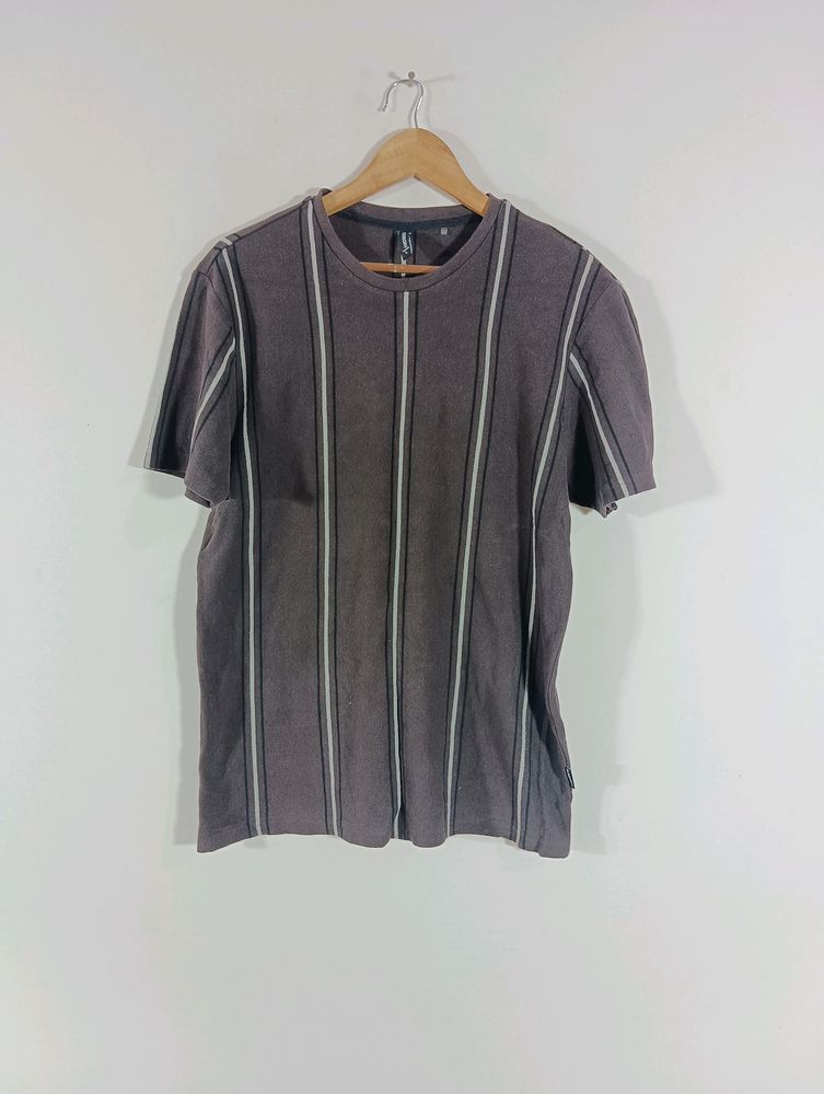 Coffee Brown Striped Casual T-Shirt (Men)