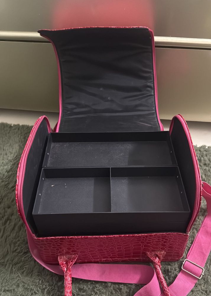 Pink Crocodile Print Makeup Bag with Strap
