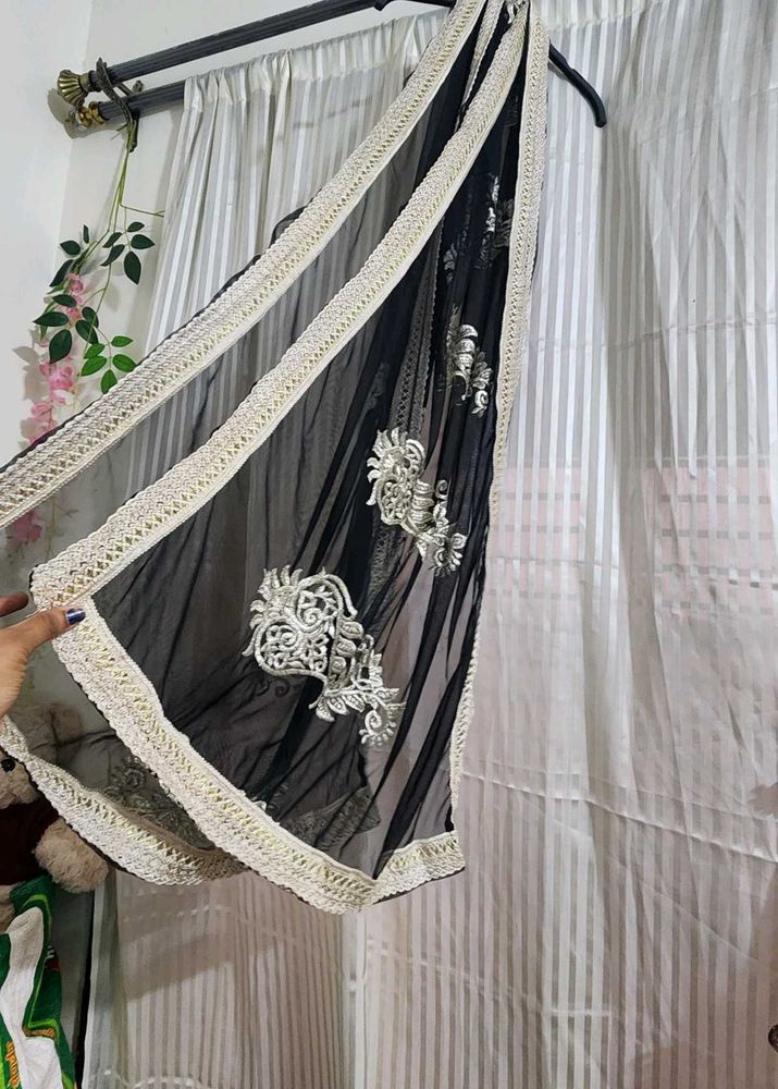 Elegant Black Dupatta with Silver Embroidery