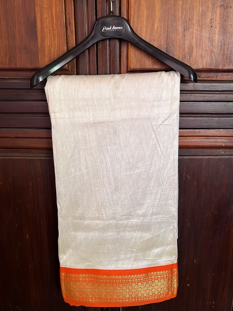 Off White with Orange Border Cotton Silk Saree