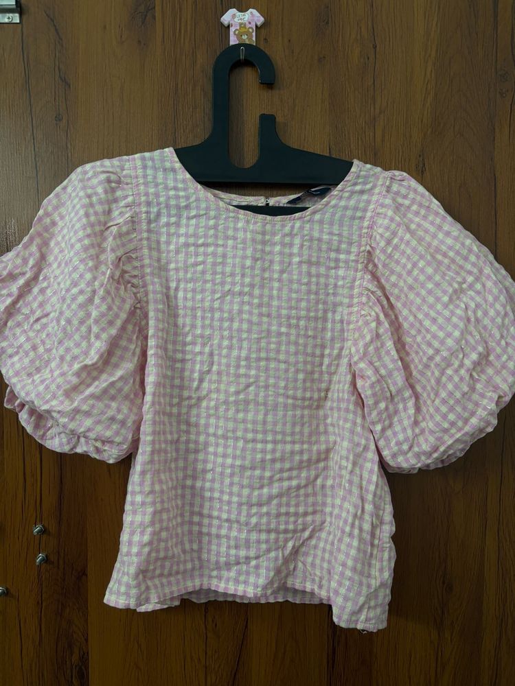 🌸Pink Gingham Balloon Sleeve Top