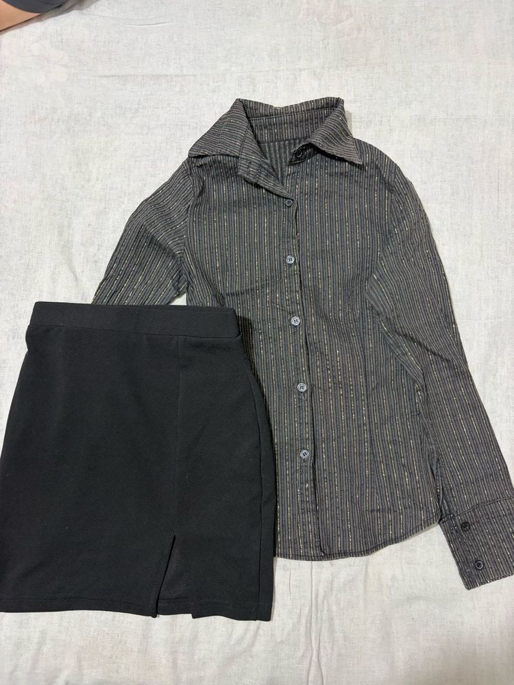 Striped fitted Shirt and Black Skirt Set