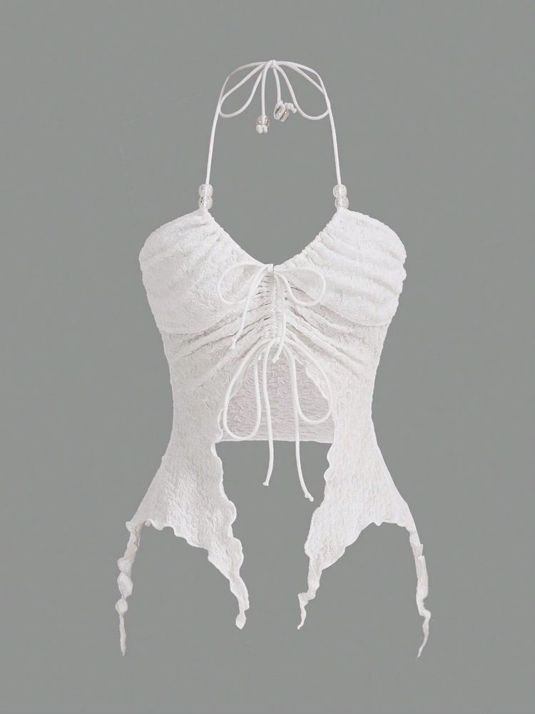 White Ruched Halter Neck Top