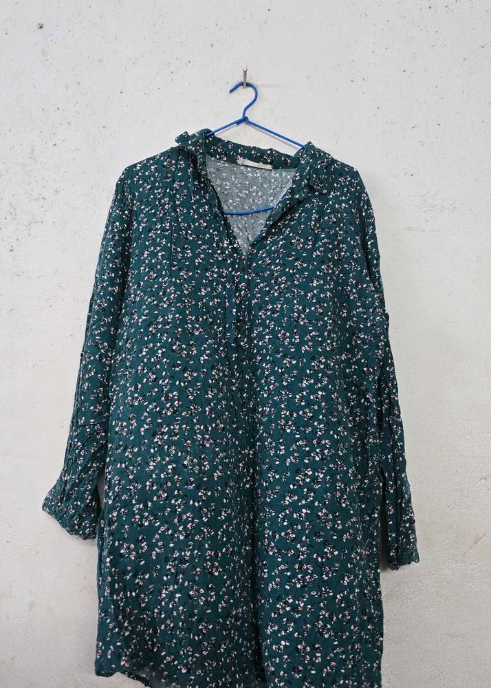 Green Floral Print Shirt Dress