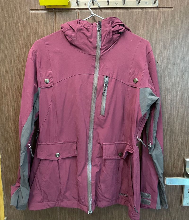 Maroon Hooded Ski Jacket with lots of pockets