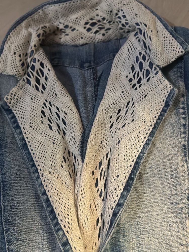 Denim Jacket with Lace Trim