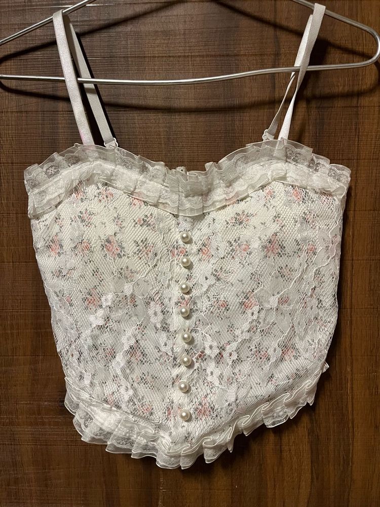 Floral Lace Corset Top with Pearls