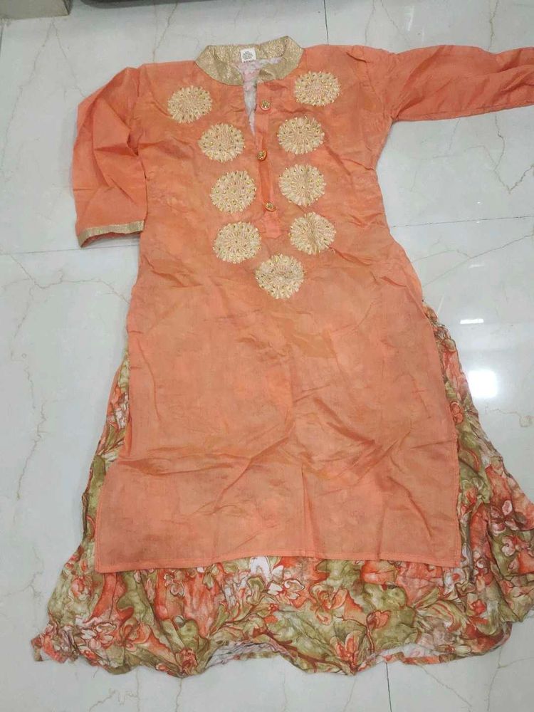 Orange Embroidered Kurta with Skirt