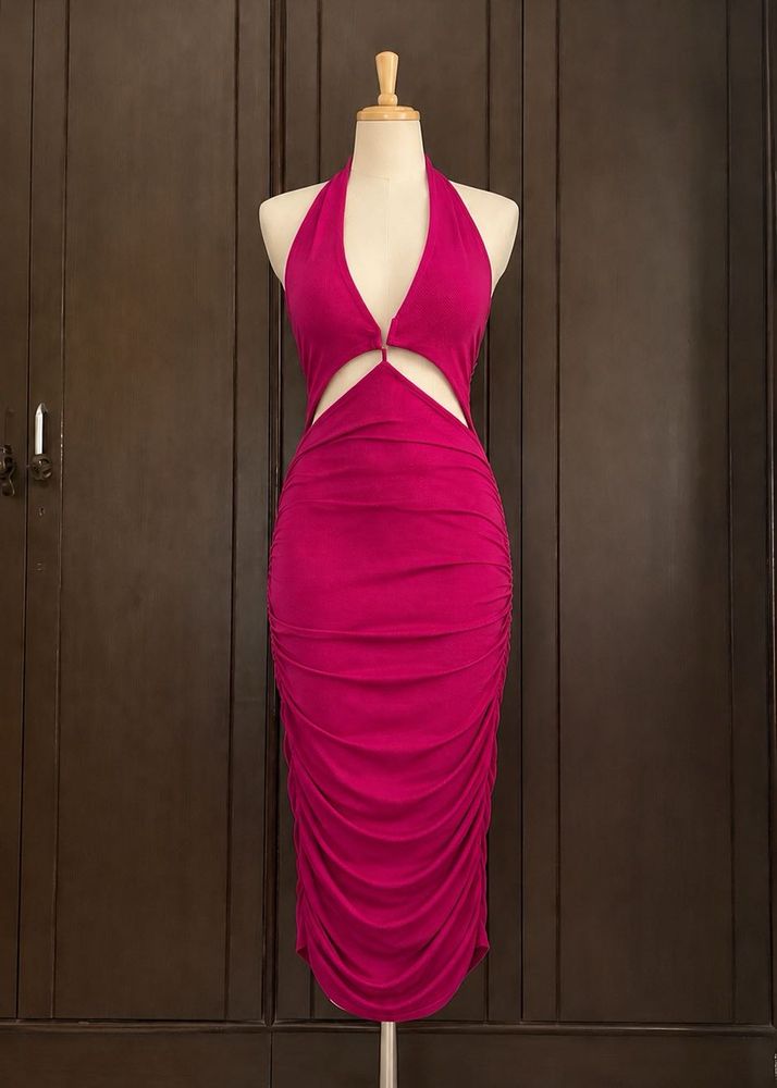 Hot Pink Halter Neck Cutout Ruched Dress
