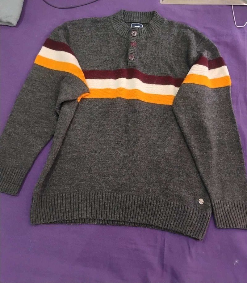 Striped Buttoned Gray Sweater