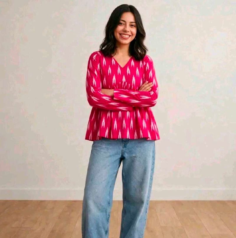 Vibrant Pink Ikat Print Peplum Top