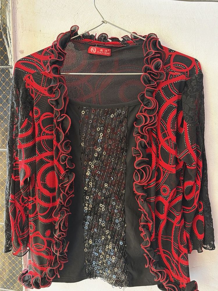 Chic Black &amp; Red Sequin Top with Ruffle Trim