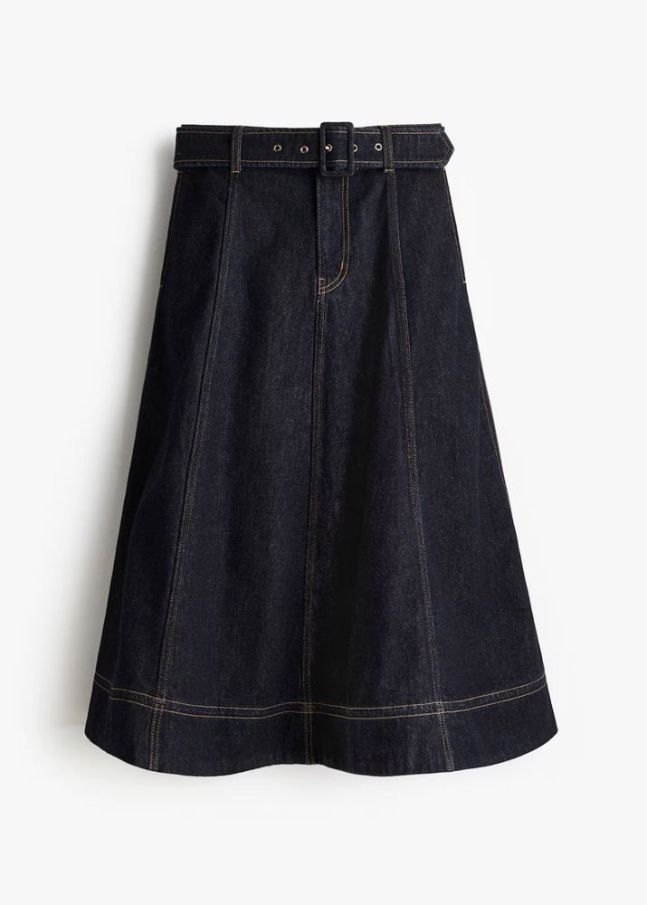 Denim Belted Midi Skirt