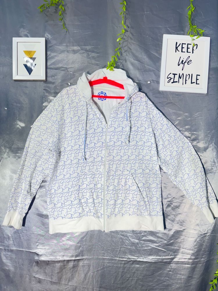 White Zip-Up Hoodie with Blue Pattern