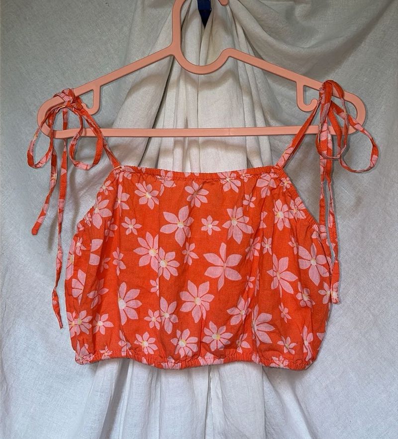 Orange Floral Cotton Tie-Strap Crop Top