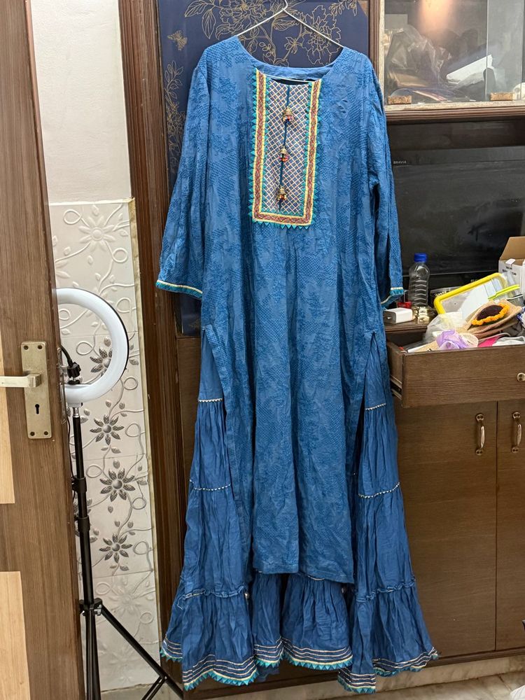 Blue Embroidered Kurta with attached ghagra