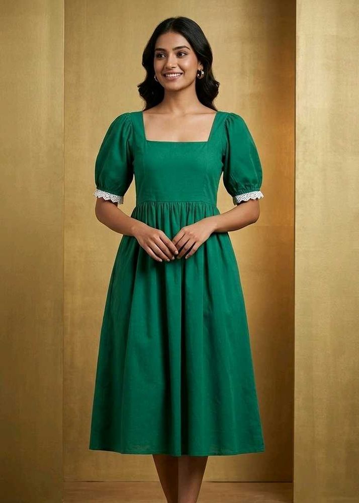 Elegant Green Puff Sleeve Dress