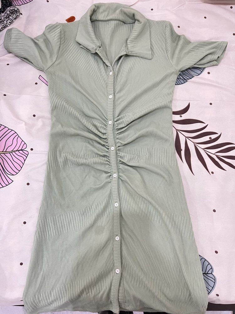 Sage Green Ruched Shirt Dress