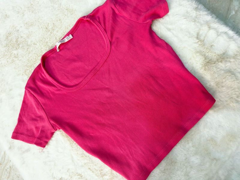 MANGO Vibrant Pink Ribbed Cropped Top