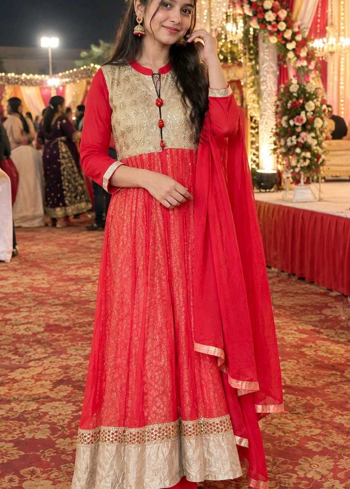 Red &amp; Gold Anarkali Suit with Dupatta