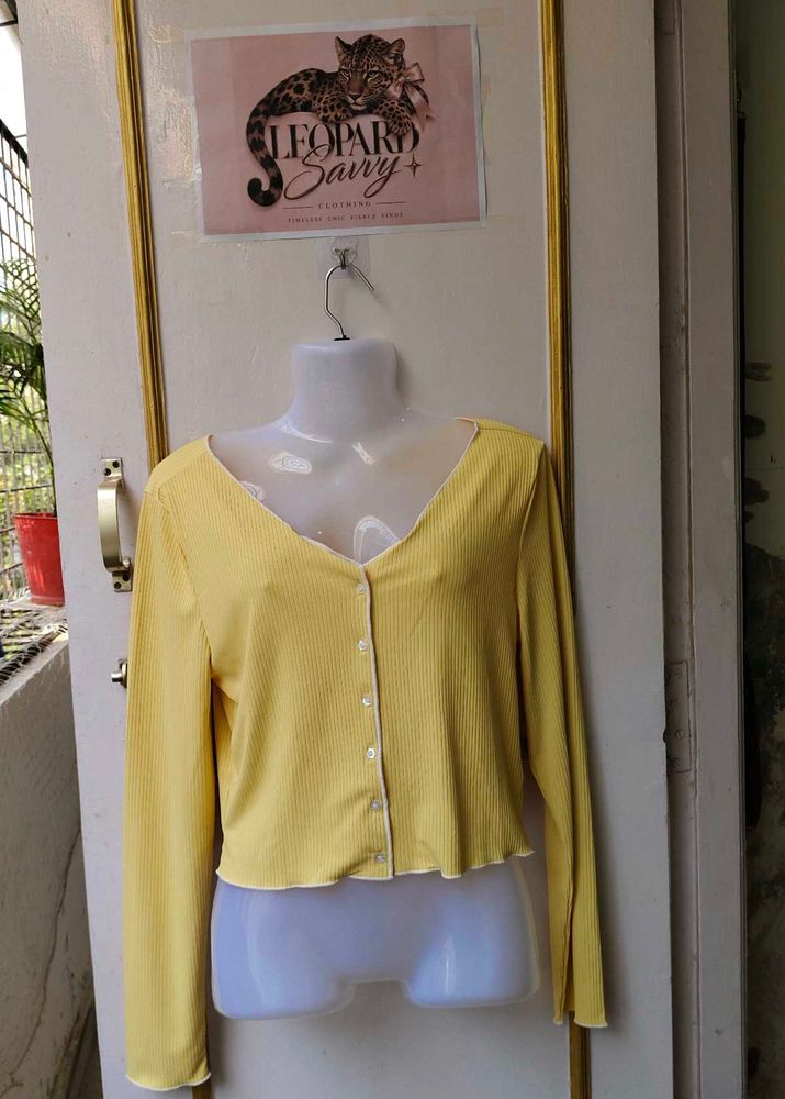 Yellow Ribbed Button-Up Top