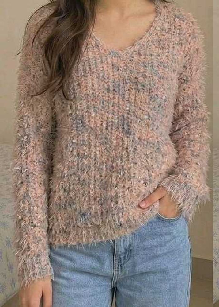 Trendy Soft Fuzzy Knit Sweater | Light Pink Melang