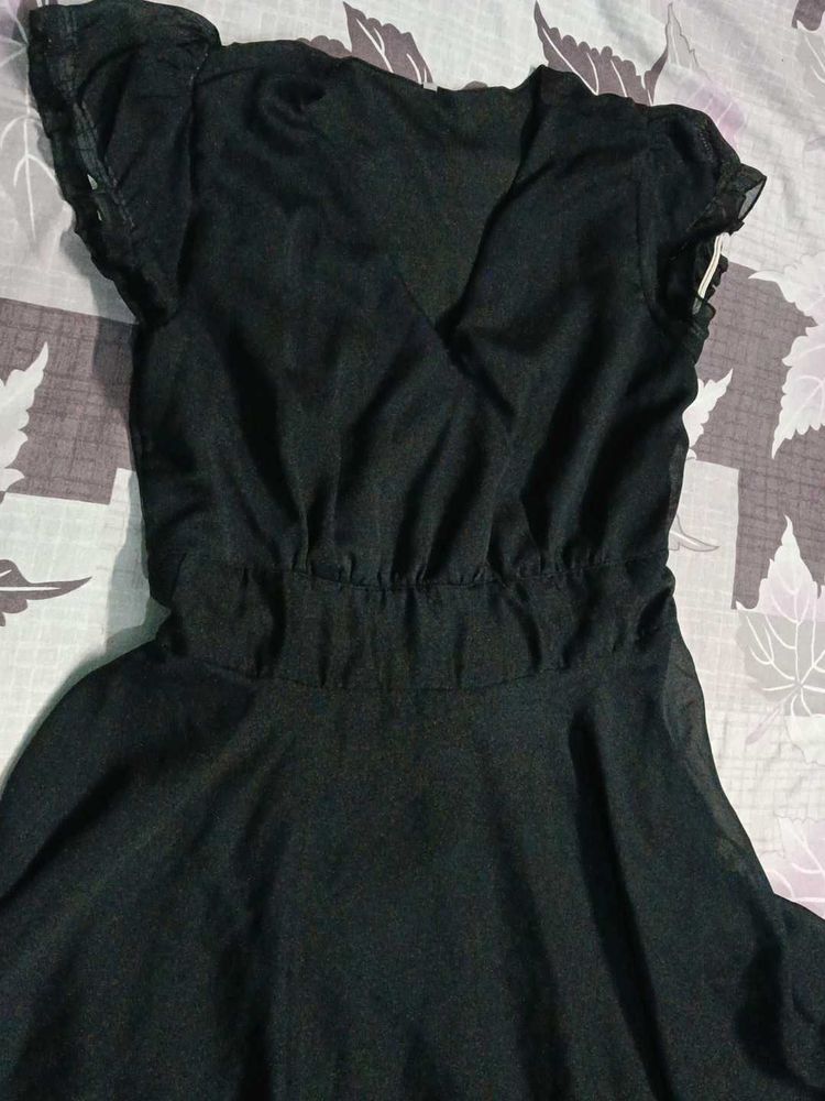 Black Flutter Sleeve V-Neck Dress