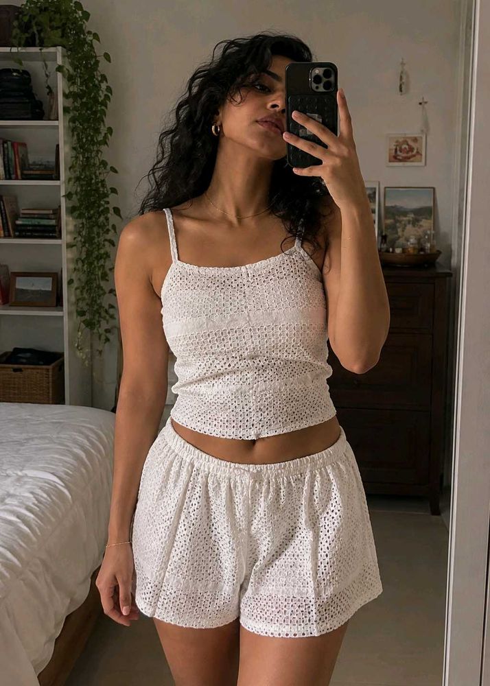 White Lace Crop Top and Shorts Set