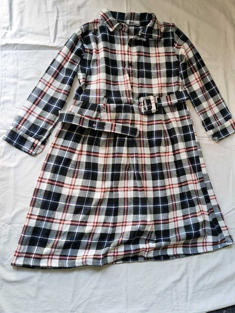 Chic Plaid Flannel Shirt Dress with Belt