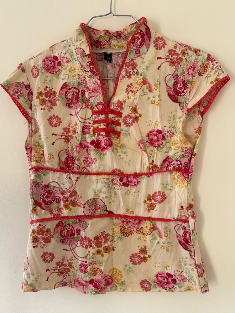 Chic Floral Print Cheongsam Top