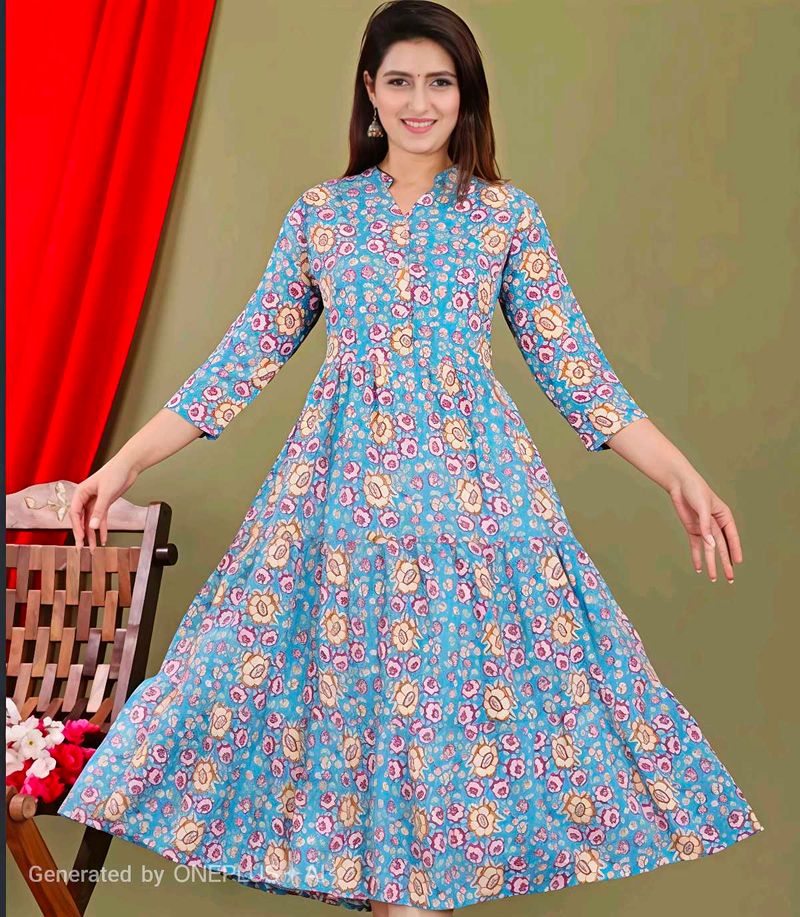 Teal Floral Print Kurta