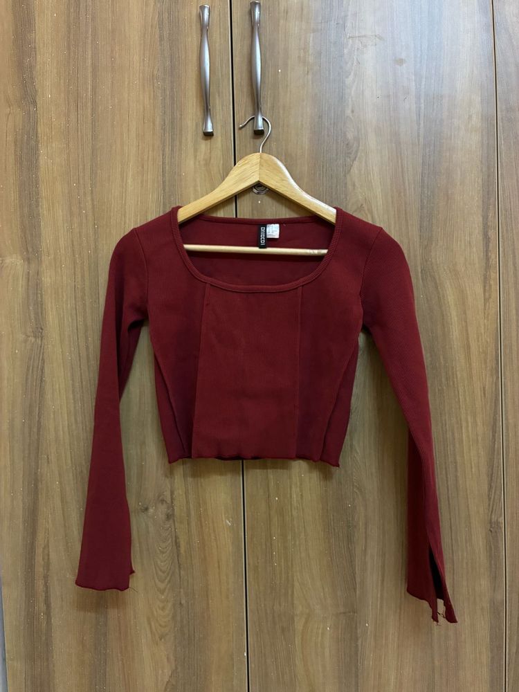 Maroon Ribbed Long Sleeve Crop Top